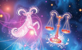 A cosmic scene depicting Aries and Libra symbols with vibrant energy bursts and soft pastel colours, representing harmony.