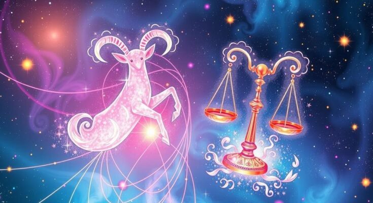 A cosmic scene depicting Aries and Libra symbols with vibrant energy bursts and soft pastel colours, representing harmony.