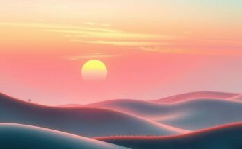 A serene landscape at sunrise with soft pastel colours and gentle hills, evoking peace and opportunity.