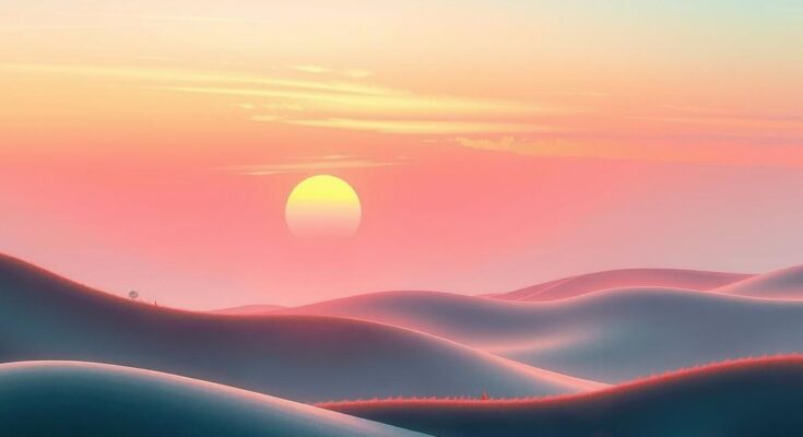 A serene landscape at sunrise with soft pastel colours and gentle hills, evoking peace and opportunity.