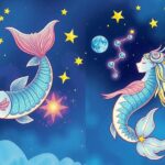 Celestial scene depicting lucky astrological signs, featuring soft blues and purples in a whimsical style.