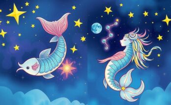 Celestial scene depicting lucky astrological signs, featuring soft blues and purples in a whimsical style.