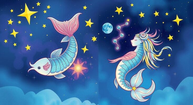 Celestial scene depicting lucky astrological signs, featuring soft blues and purples in a whimsical style.