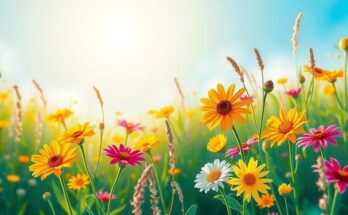 A vibrant summer landscape symbolising new beginnings, featuring blooming flowers and warm sunlight.