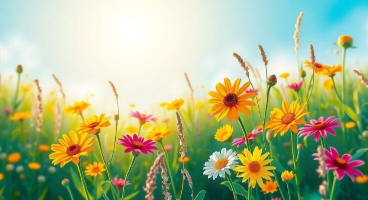 A vibrant summer landscape symbolising new beginnings, featuring blooming flowers and warm sunlight.
