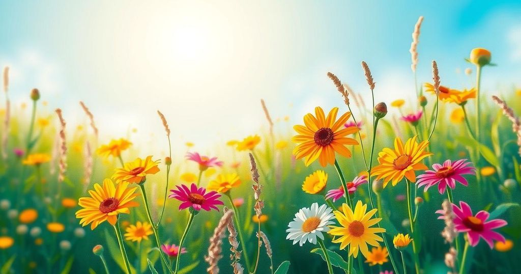 A vibrant summer landscape symbolising new beginnings, featuring blooming flowers and warm sunlight.