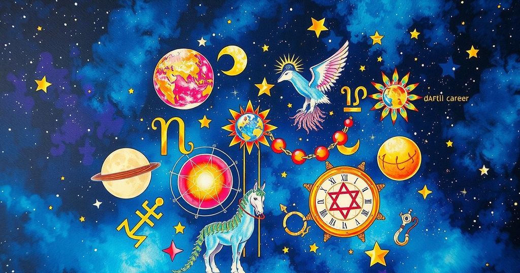 A collage of astrology symbols and zodiac signs in vibrant colours, representing daily career horoscopes.