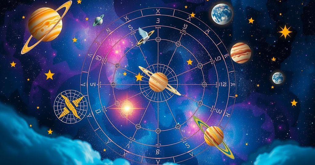 A cosmic scene depicting astrological symbols, stars, and planets in harmonious alignment, with a vibrant colour palette.