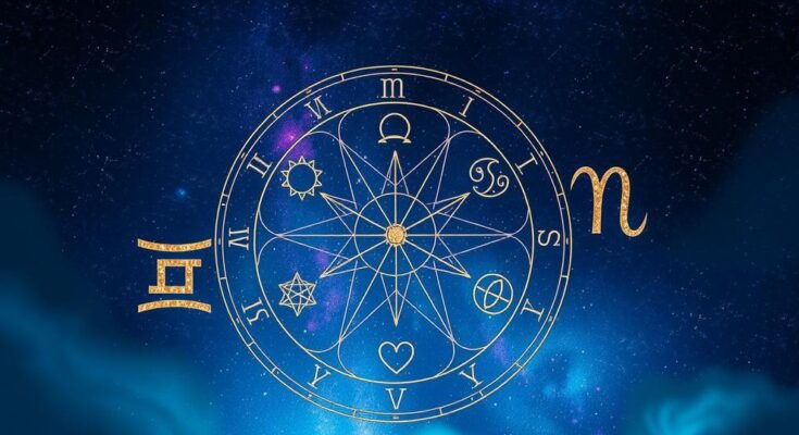 Astrological symbols representing zodiac signs on a cosmic background of stars and galaxies for daily horoscope insights.