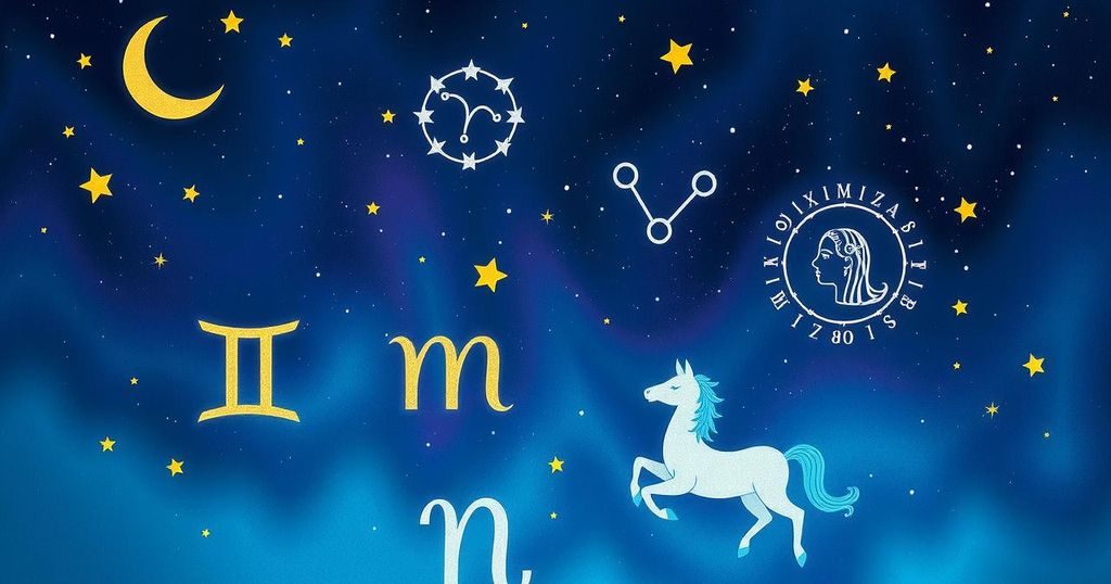 A vibrant zodiac spread showcasing symbols of the signs, stars and planets against a cosmic background.