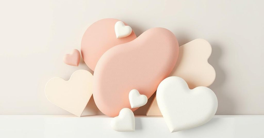 A serene scene depicting love and togetherness among abstract shapes, in warm pastel colours, reflecting harmony.