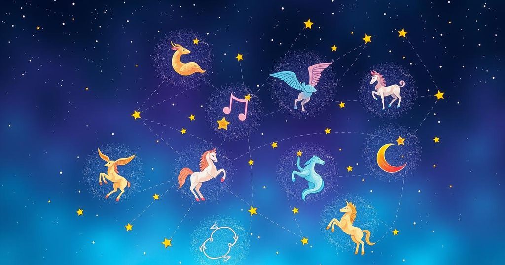 A cosmic display of zodiac signs with twinkling stars and a vibrant, mystical galaxy background.