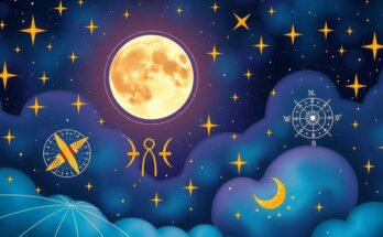 Celestial background with astrological symbols, featuring a glowing moon, stars and vibrant energy radiating colours.