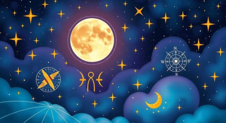 Celestial background with astrological symbols, featuring a glowing moon, stars and vibrant energy radiating colours.