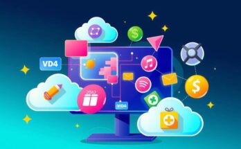 A conceptual representation of online gaming growth with a cloud-based infrastructure, featuring abstract game symbols and vibrant colours.