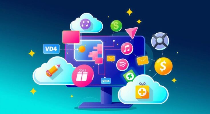 A conceptual representation of online gaming growth with a cloud-based infrastructure, featuring abstract game symbols and vibrant colours.