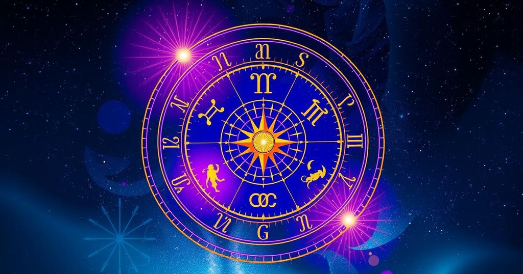 Astrological symbol in vibrant colours against a starry background, symbolizing zodiac signs and cosmic energy.