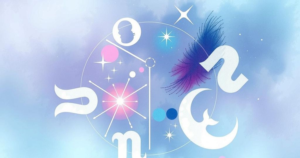 Astrological symbols representing zodiac signs surrounded by a calming blue and purple colour scheme.