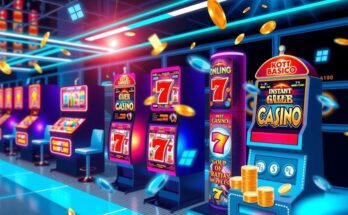 Vibrant representation of online casino gaming with slot machines and colorful instant game icons, in a modern digital style.