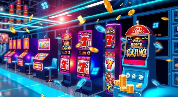 Vibrant representation of online casino gaming with slot machines and colorful instant game icons, in a modern digital style.