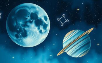 A cosmic scene depicting the moon and Jupiter alignment in a starlit sky, with zodiac symbols subtly included.