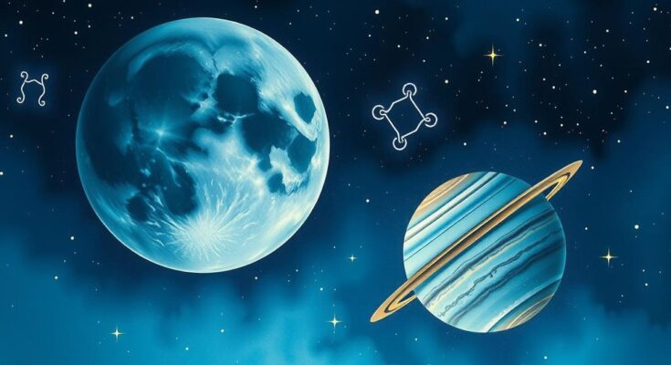 A cosmic scene depicting the moon and Jupiter alignment in a starlit sky, with zodiac symbols subtly included.
