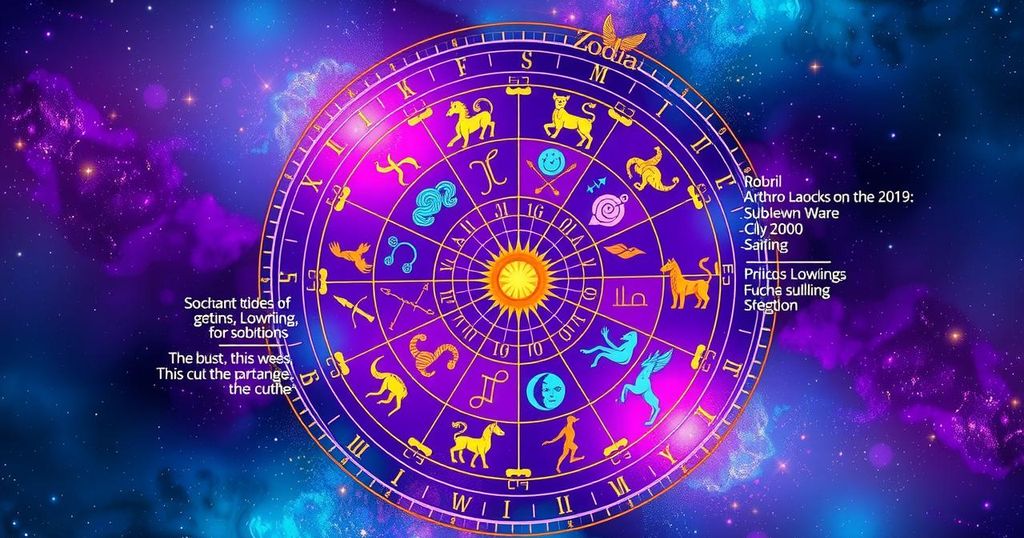 Colourful zodiac wheel with astrological symbols, featuring vibrant hues and a celestial theme.
