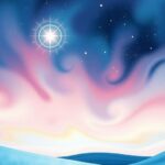 A celestial scene with Venus in Pisces, soft pastels creating a dreamy sky filled with stars and abstract patterns.