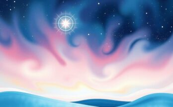 A celestial scene with Venus in Pisces, soft pastels creating a dreamy sky filled with stars and abstract patterns.