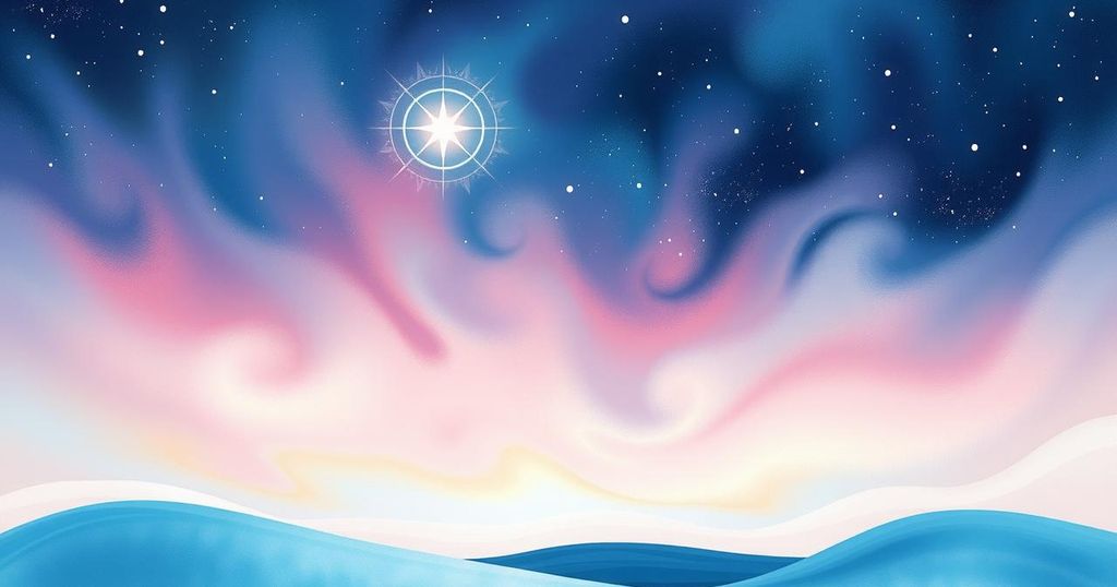 A celestial scene with Venus in Pisces, soft pastels creating a dreamy sky filled with stars and abstract patterns.