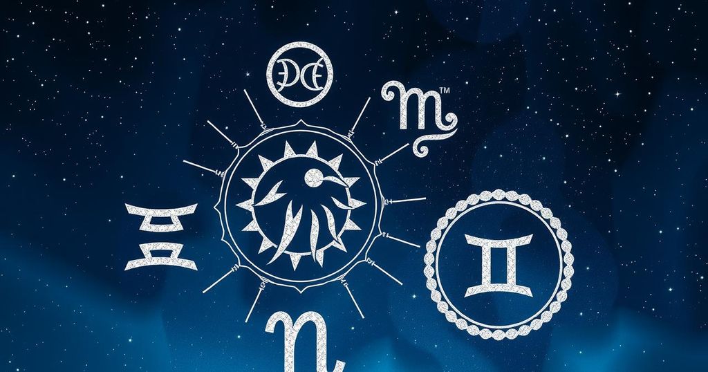A celestial illustration with zodiac symbols and constellations on a starry background in deep blue and silver hues.