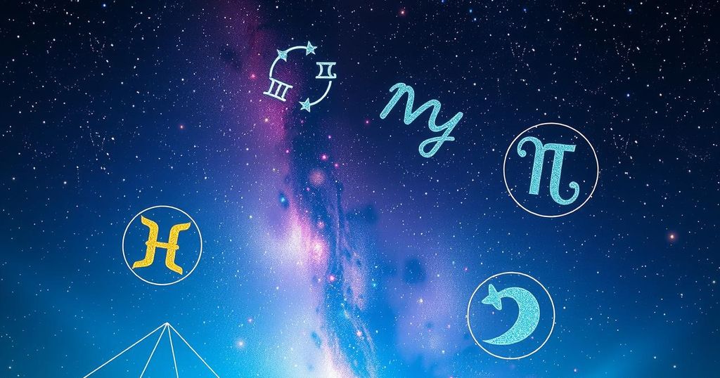 A magical cosmic scene representing zodiac signs with stars, constellations, and celestial elements in soothing colours.