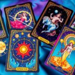 Colourful tarot cards representing zodiac signs, with mystical symbols and celestial patterns showcasing astrological themes.