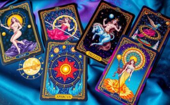 Colourful tarot cards representing zodiac signs, with mystical symbols and celestial patterns showcasing astrological themes.