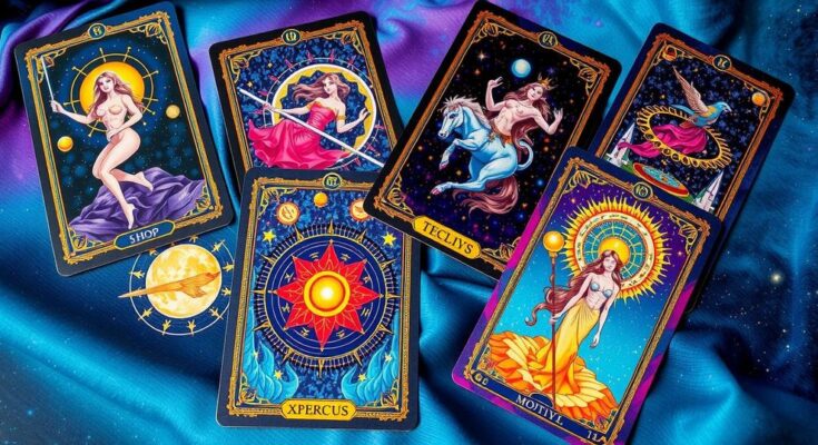 Colourful tarot cards representing zodiac signs, with mystical symbols and celestial patterns showcasing astrological themes.