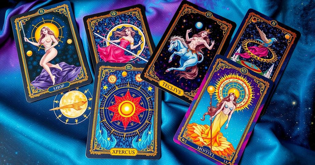 Colourful tarot cards representing zodiac signs, with mystical symbols and celestial patterns showcasing astrological themes.