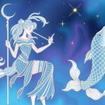 Celestial illustration depicting Virgo and Pisces with cosmic elements and a harmonious colour palette.