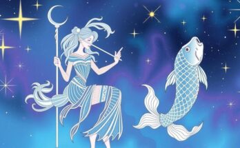 Celestial illustration depicting Virgo and Pisces with cosmic elements and a harmonious colour palette.