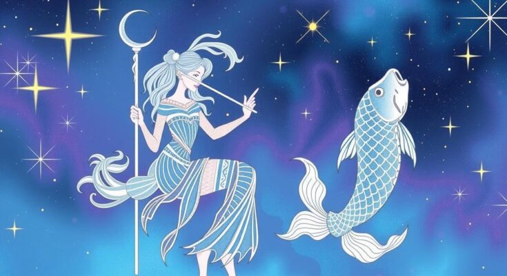 Celestial illustration depicting Virgo and Pisces with cosmic elements and a harmonious colour palette.