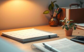 A serene desk workspace with a plant, planner, and subtle lighting, symbolising career growth and inspiration.
