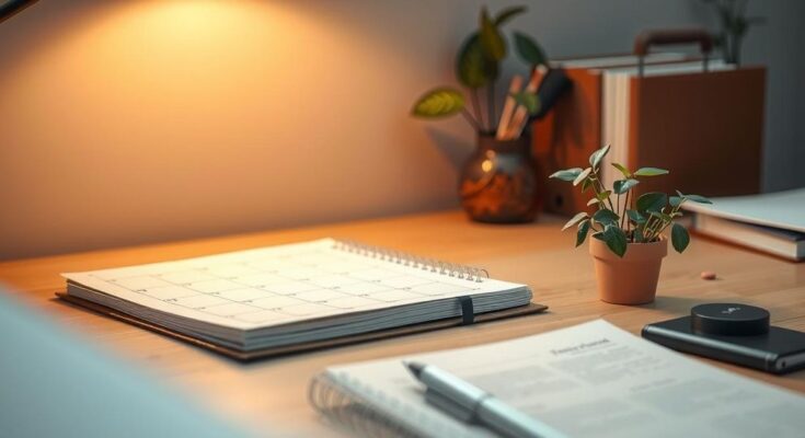 A serene desk workspace with a plant, planner, and subtle lighting, symbolising career growth and inspiration.