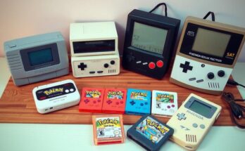 A nostalgic gaming scene featuring retro game consoles and Pokemon cartridges, illustrating the essence of gaming history.