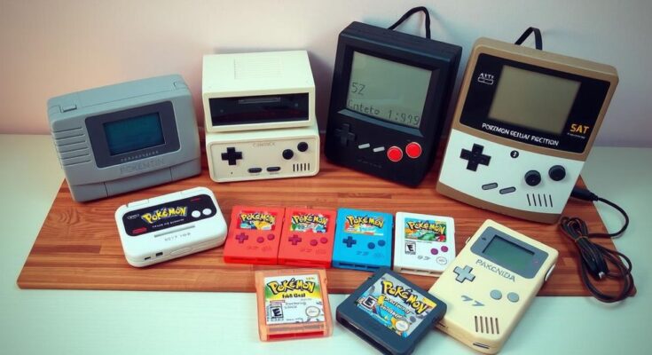 A nostalgic gaming scene featuring retro game consoles and Pokemon cartridges, illustrating the essence of gaming history.