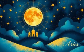 A celestial scene featuring a vibrant moon in Aries, surrounded by symbolic constellations and stars, rich blue and gold colors.