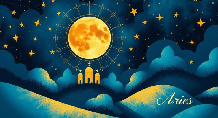 A celestial scene featuring a vibrant moon in Aries, surrounded by symbolic constellations and stars, rich blue and gold colors.