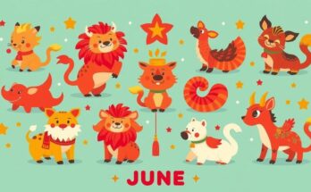 Chinese zodiac signs illustrated with vibrant colours, representing unique energies and weekly horoscopes for June.