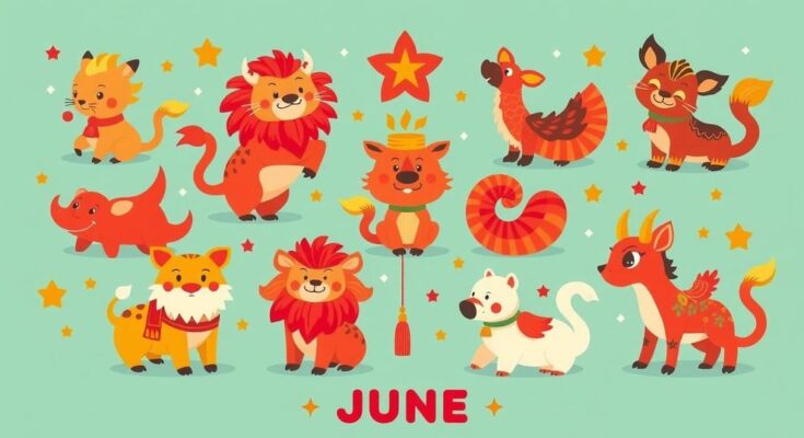 Chinese zodiac signs illustrated with vibrant colours, representing unique energies and weekly horoscopes for June.