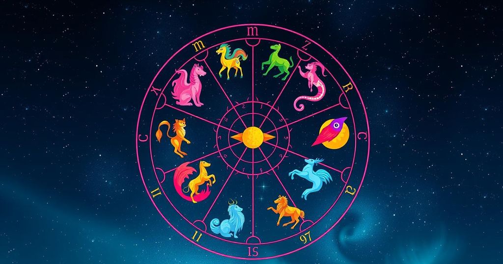 Astrological symbols with zodiac signs on a vibrant celestial background for horoscope inspiration.