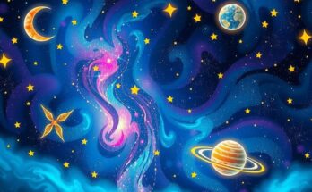 Celestial-themed illustration of zodiac signs with stars and planets in vibrant colours representing astrology.