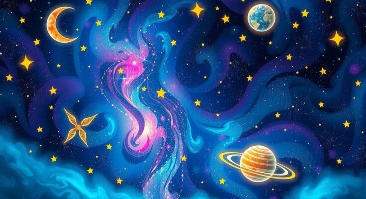Celestial-themed illustration of zodiac signs with stars and planets in vibrant colours representing astrology.